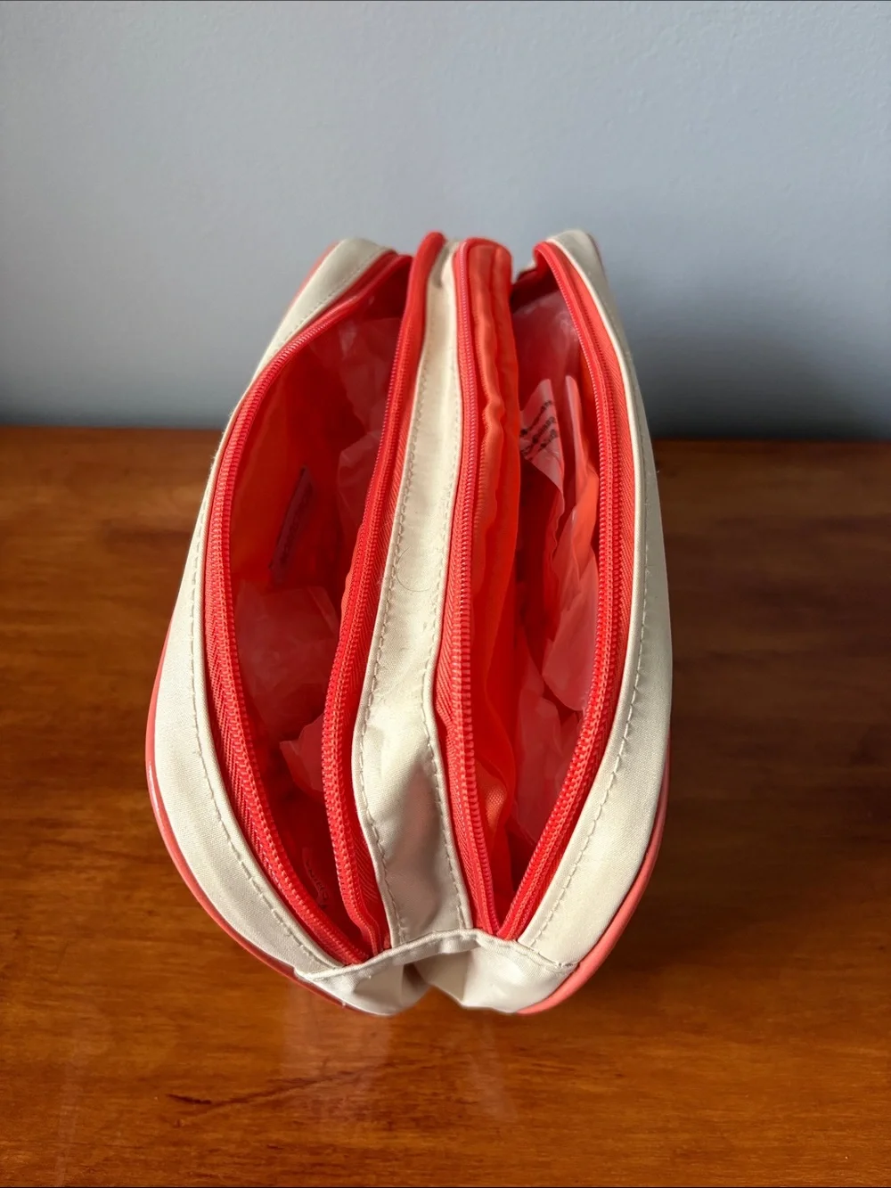Nordstrom Cream Cosmetic Case with Coral Trim
